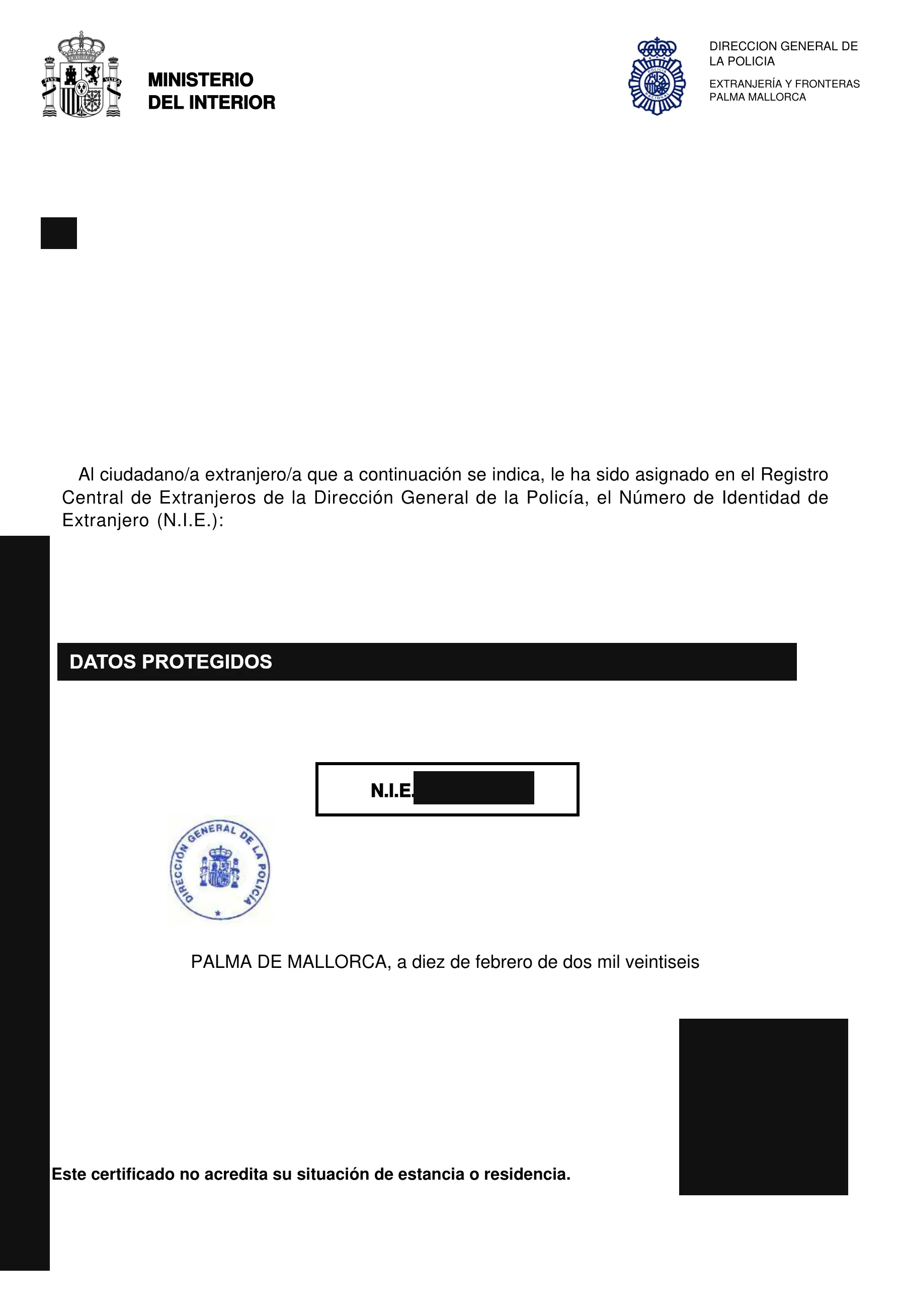 Real example of the NIE assignment document (NIE blanco) issued by the Spanish Administration, with personal data hidden